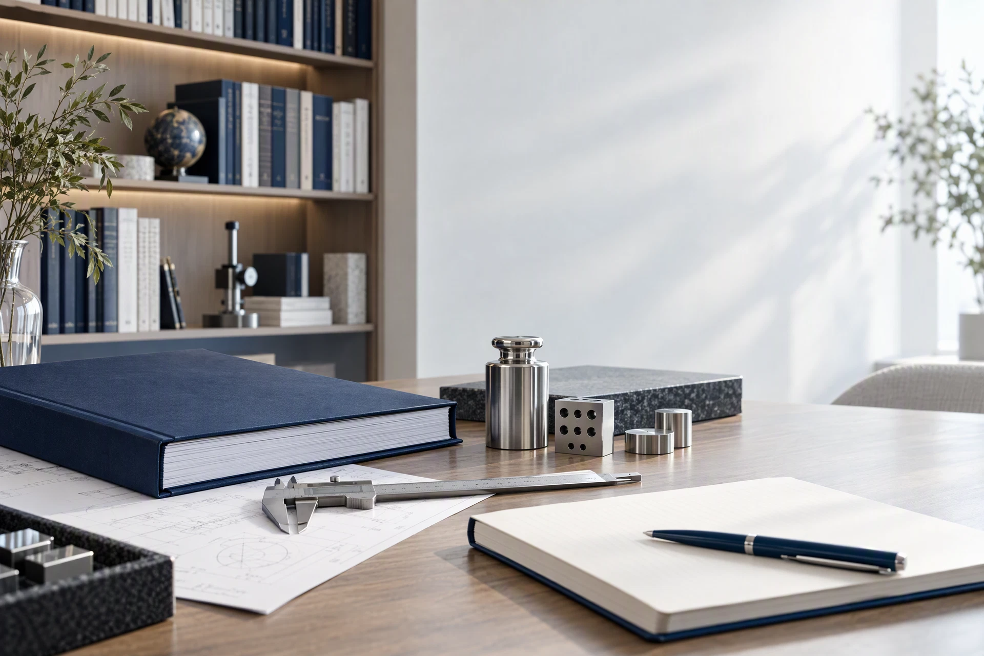 Technical documents and dimensional instruments on a desk